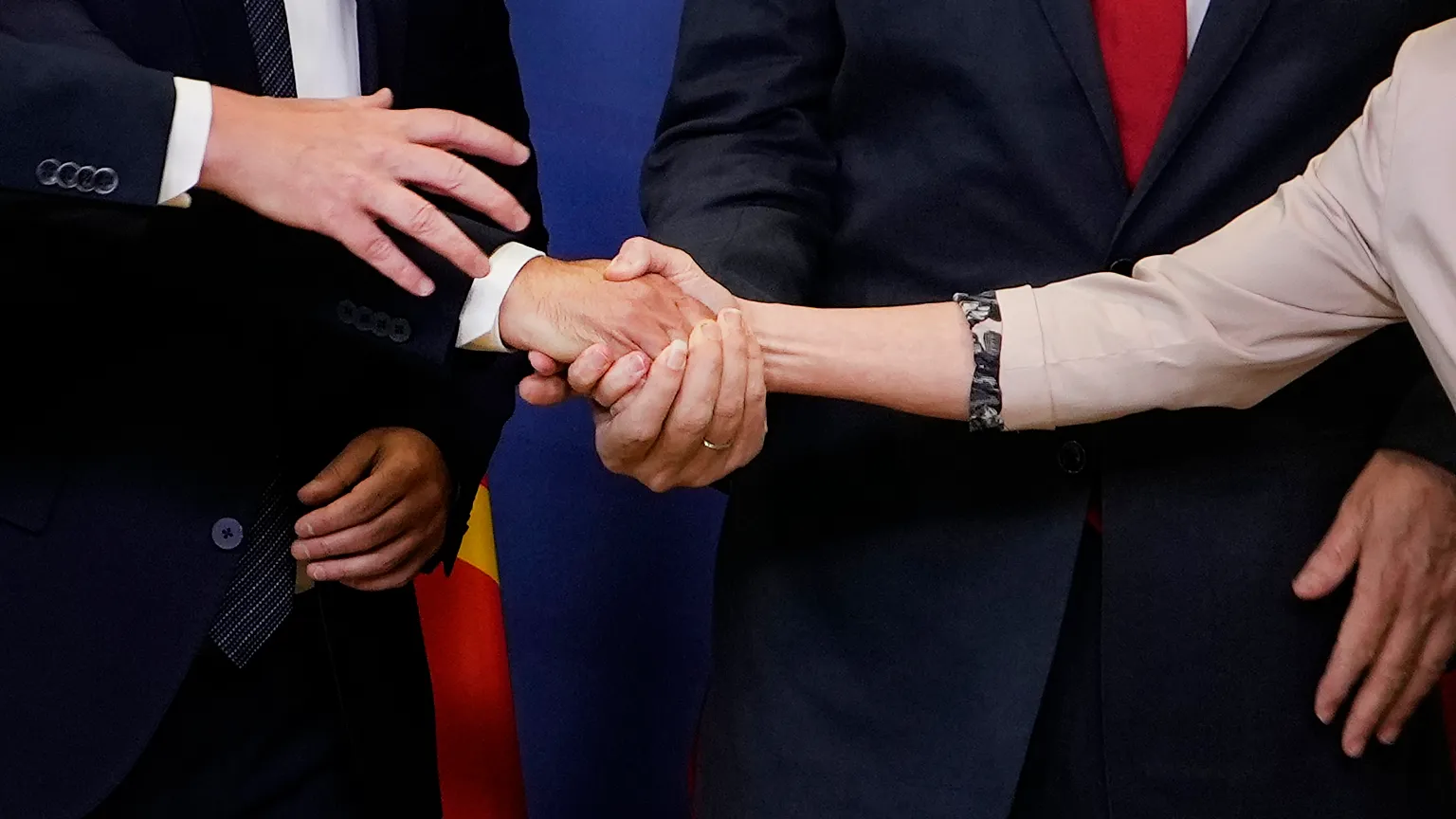 FILE: European Commission President Ursula von der Leyen shakes hands with Albanian PM Edi Rama and others before a meeting at EU headquarters in Brussels, 19 July 2022