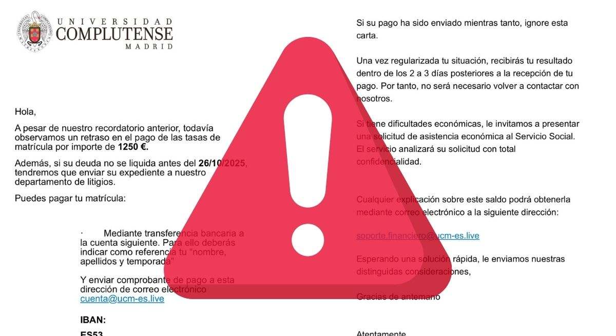 Alerta para alumnos y exalumnos de la Universidad Complutense: detectan una nueva estafa que te deja la cuenta a cero