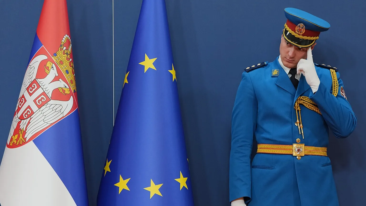 FILE: A Serbian honour guard member stands next to a European flag prior to the visit of European Commission President Ursula von der Leyen in Belgrade, 15 October 2025