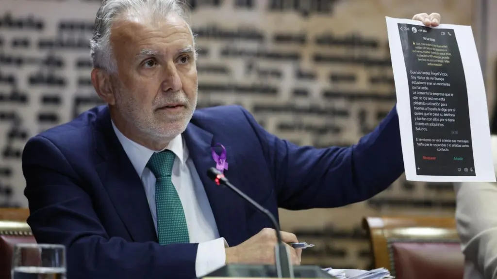 El ministro Ángel Víctor Torres exhibe un mensaje de Aldama en la 'comisión Koldo' del Senado.