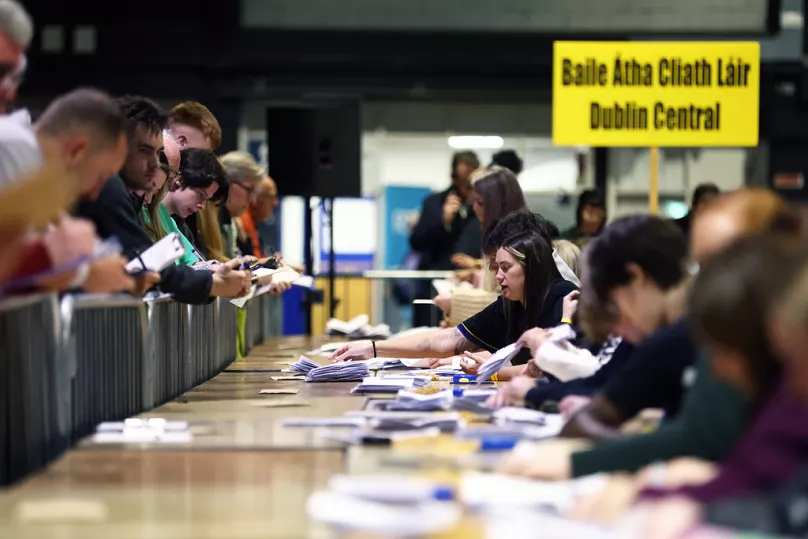 Counting gets under way after Friday's voting in the Irish presidential election at the RDS, Dublin, Ireland, Saturday, Oct. 25, 2025. 