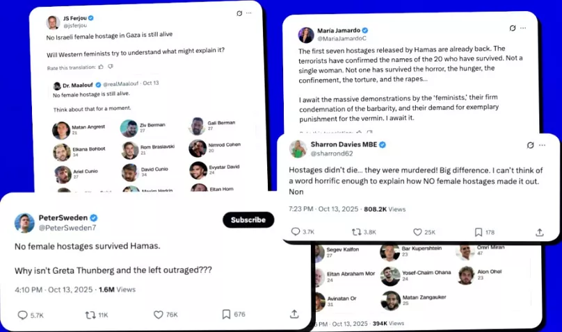 Compilation of X posts alleging that no female hostages survived Gaza
