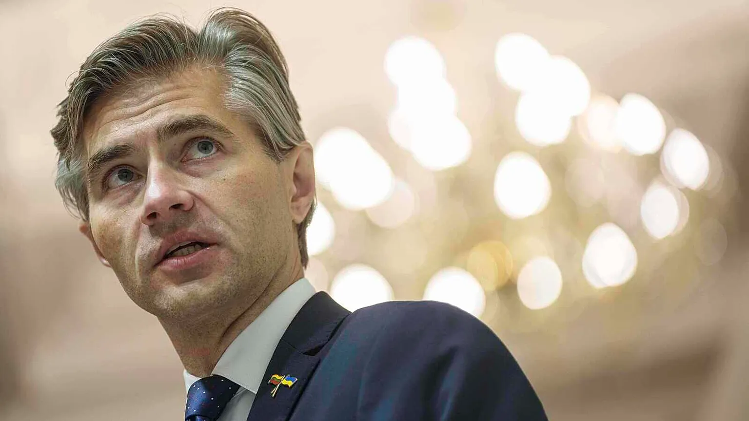 Lithuania's Foreign Minister Kestutis Budrys speaks during a joint press conference with Ukraine's Foreign Minister Andrii Sybiha in Kyiv, Ukraine, on Friday, Sept. 19, 2025.