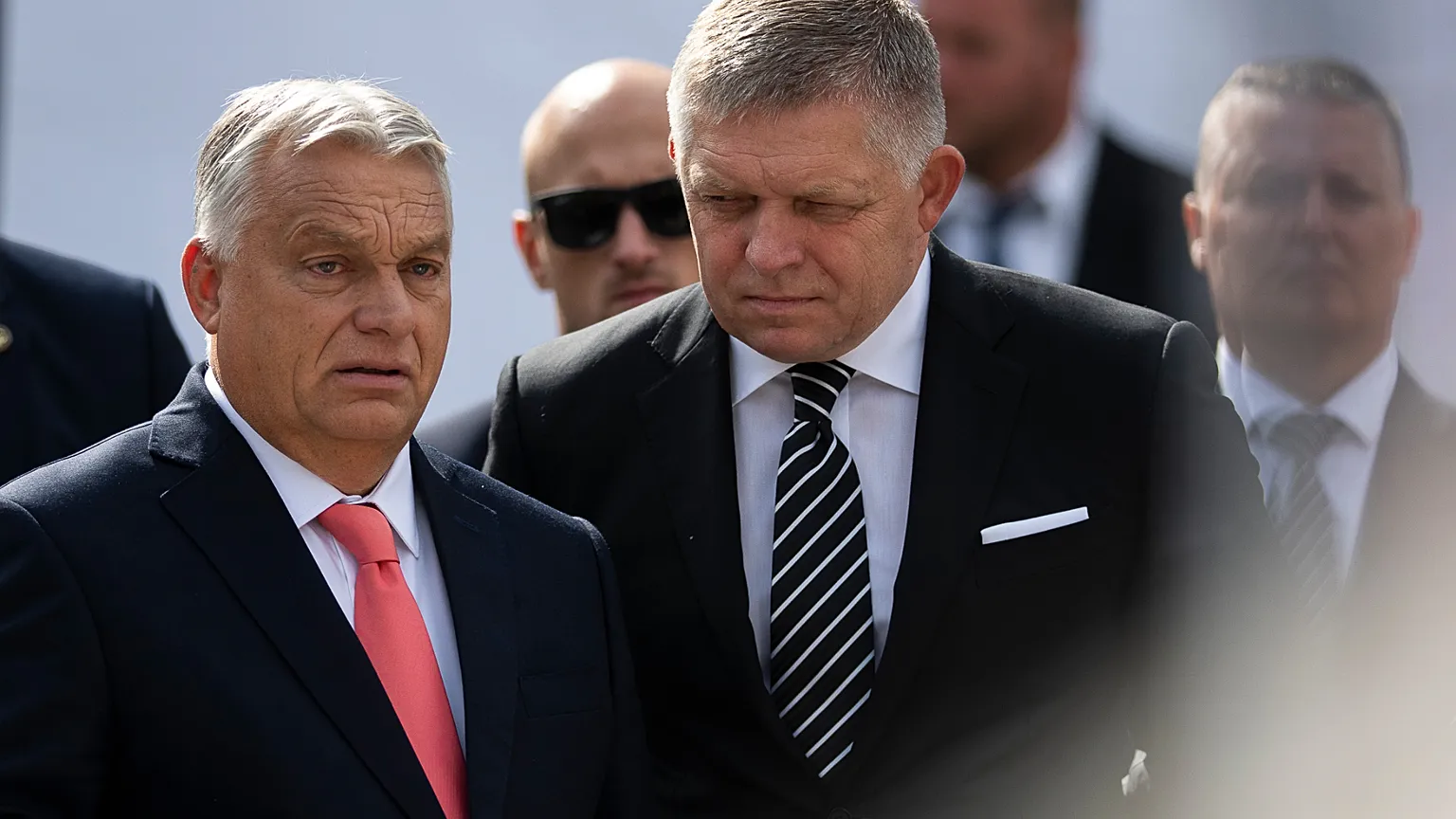 Hungary's Prime Minister Viktor Orban, left, and his Slovakian counterpart Robert Fico talk to each other in Esztergom, Hungary 