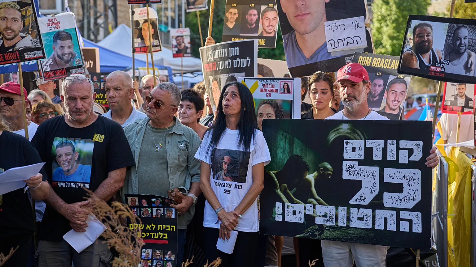 Einav Zangauker, center, mother of Matan Zangauker, who is being held hostage by Hamas, and other families and supporters of Israeli hostages, 23 September 2025.