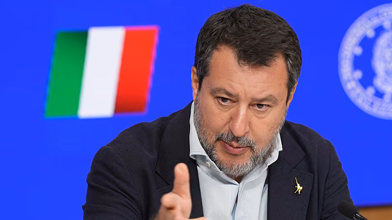 Minister of Transport Matteo Salvini holds a press conference about the decision to approve work on the Strait of Messina suspension bridge, in Rome, Wednesday, Aug. 6, 2025.