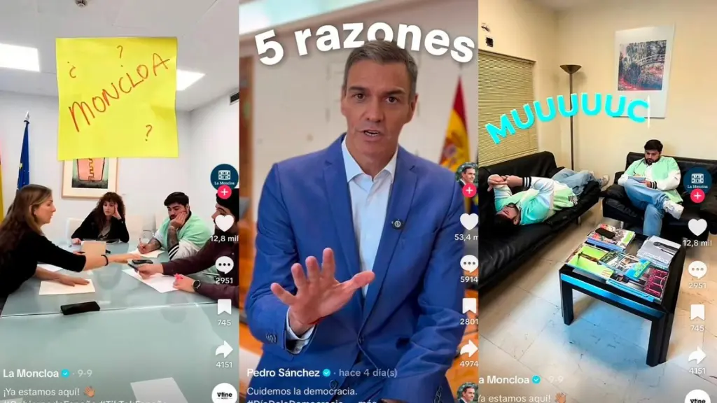 Pedro Sánchez y su equipo en diferentes imágenes difundidas en el canal de TikTok de Moncloa y la cuenta oficial de Sánchez.