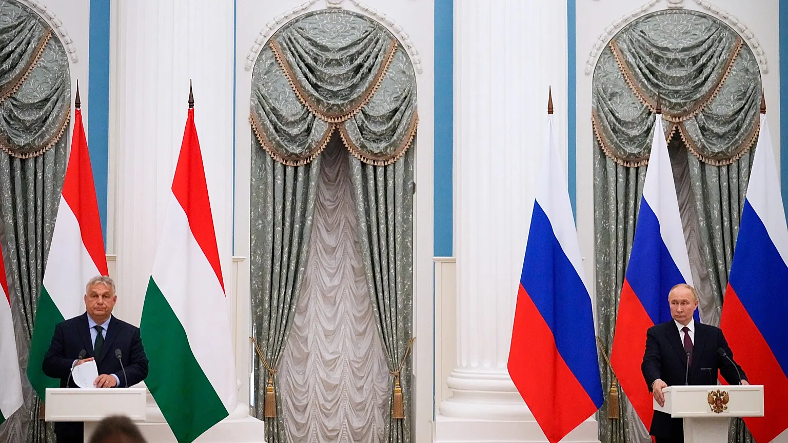 FILE: Russian President Vladimir Putin and Hungarian PM Viktor Orban attend a joint news conference in Moscow, 5 July 2024