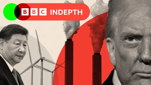 Imagen compuesta muestra a Xi Jinping, turbinas eólicas y a Donald Trump