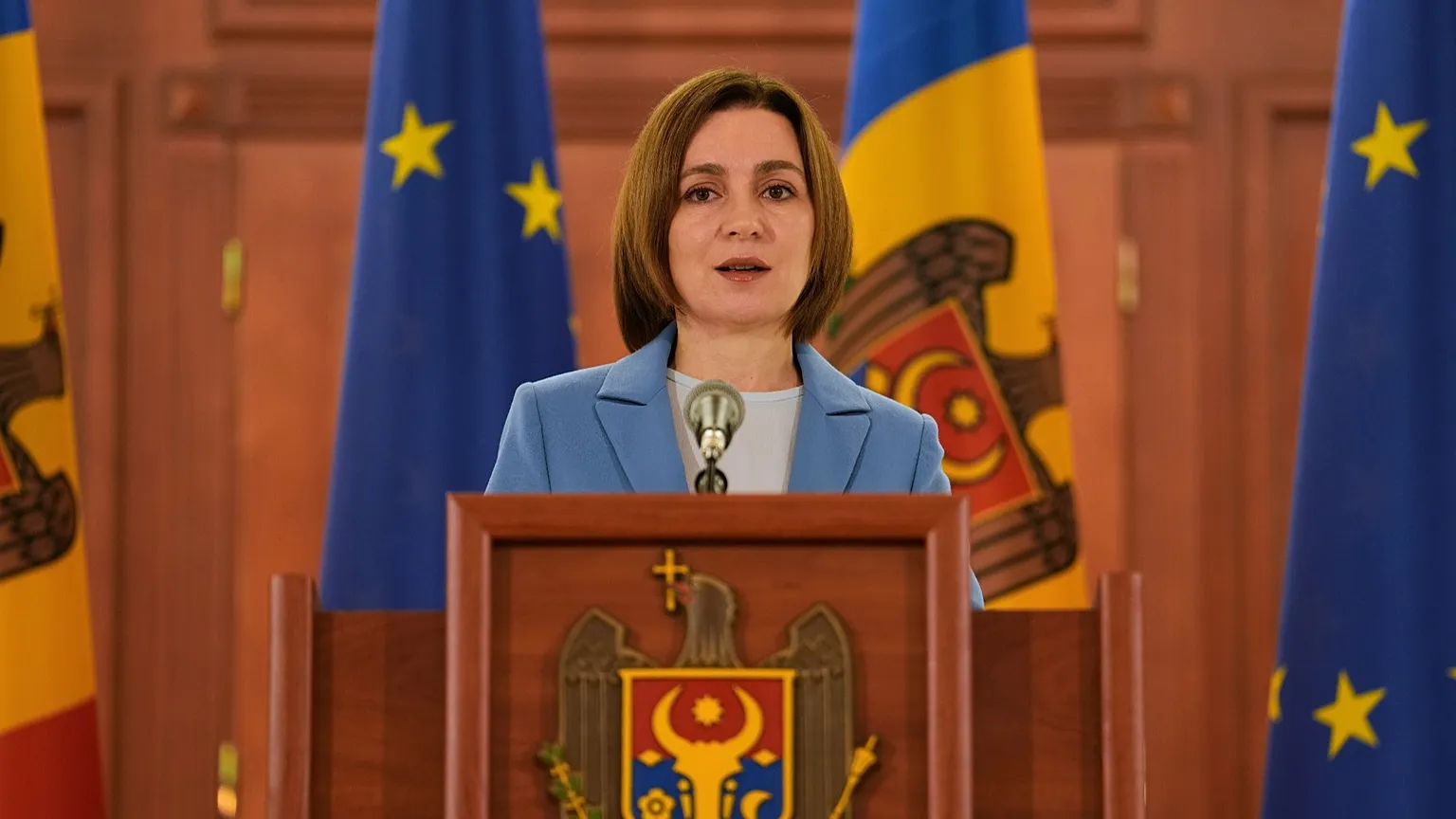 Moldova's President Maia Sandu speaks to the media after the parliamentary election, in Chisinau