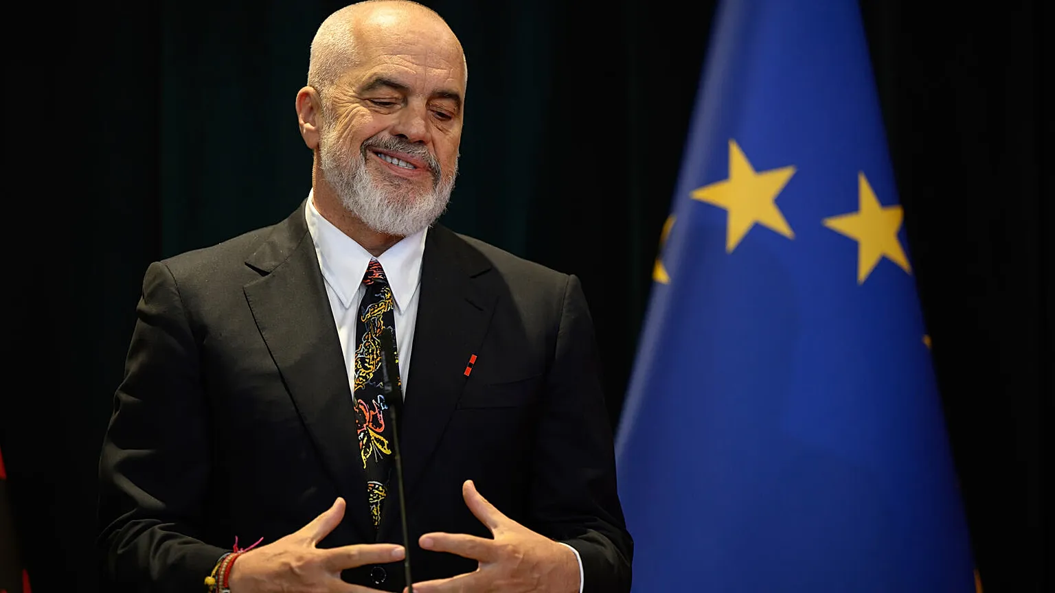 Albania's Prime Minister Edi Rama attends a press conference with Britain's Prime Minister Keir Starmer at the Kryeministria in Tirana, Albania, Thursday May 15, 2025. (Leon N