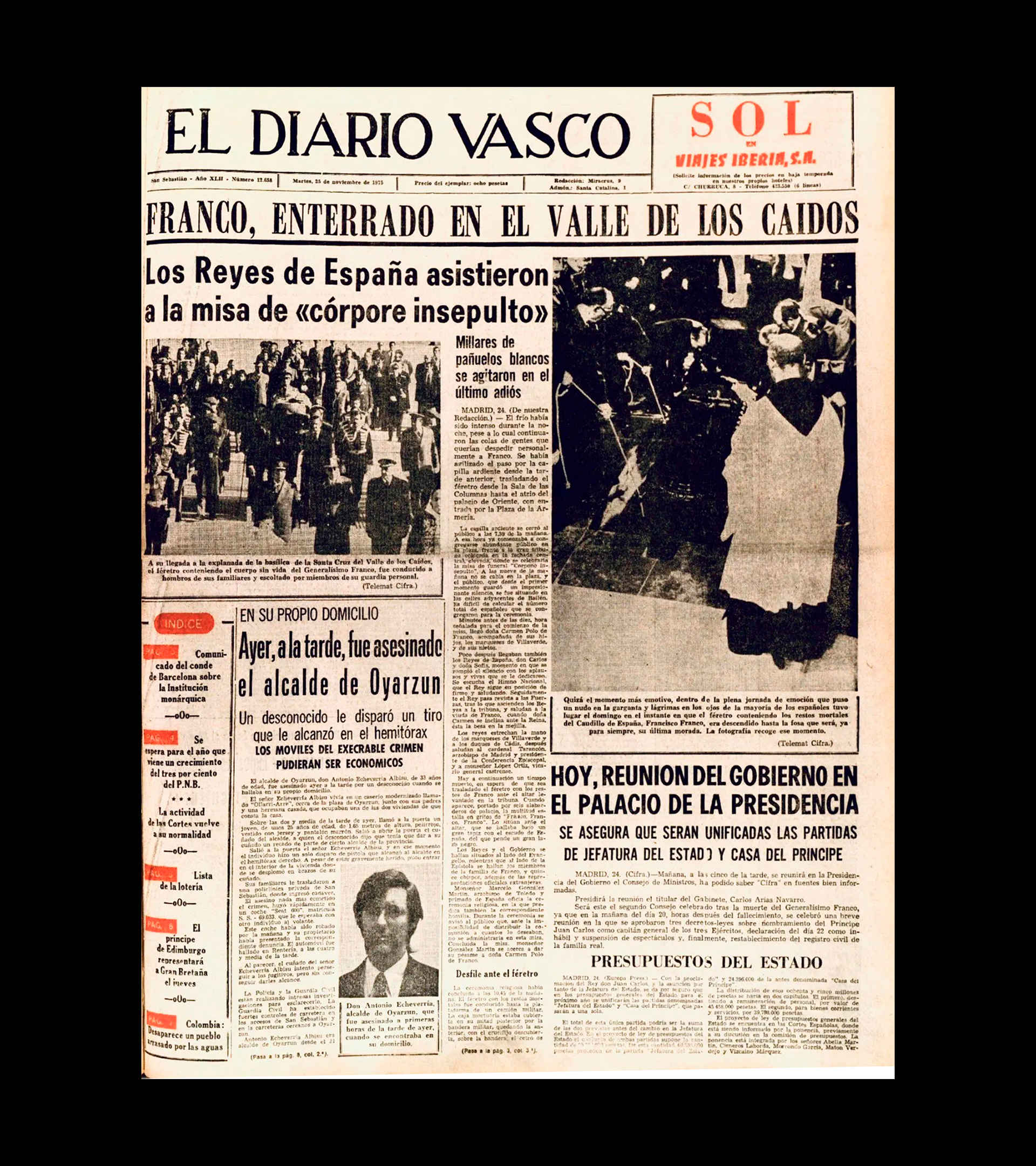 Portada del 'Diario Vasco' con el funeral de Franco... y el primer asesinato de ETA tras su muerte, el del alcalde de Oyrazun.
