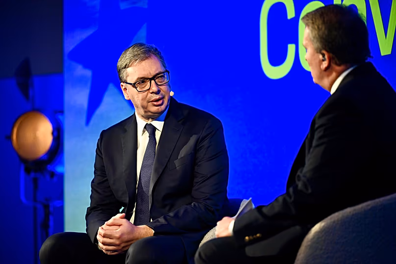 Serbian President Aleksandar Vučić takes part in Euronews' Enlargement Summit in Brussels on 4 November 2025.