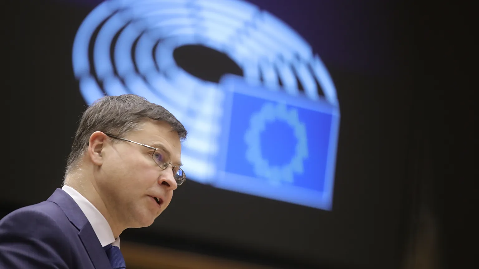 FILE: European Commissioner in charge of the economy Valdis Dombrovskis during a plenary session at the European Parliament in Brussels, Tuesday, 9 February 2021