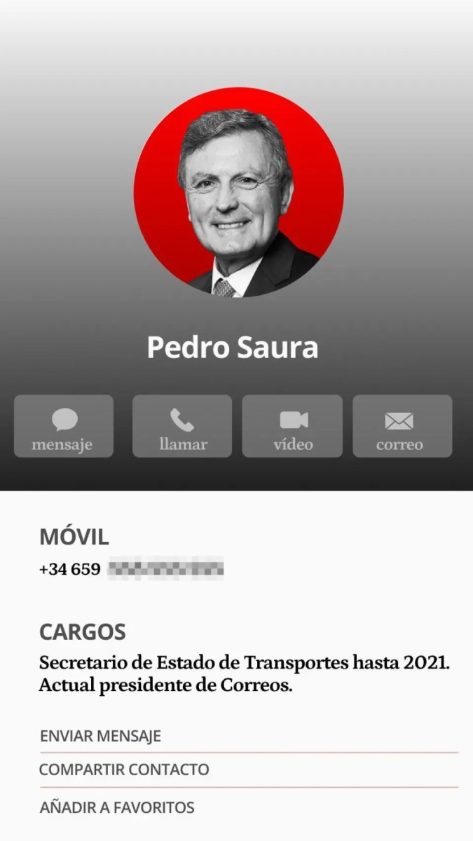 Tarjeta de contacto de Pedro Saura.