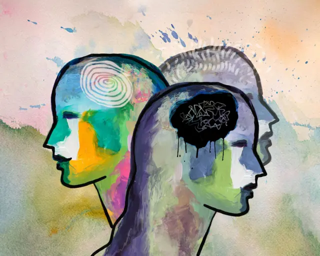 Ilustración de tres cabezas humanas con tormentos en su cerebro.