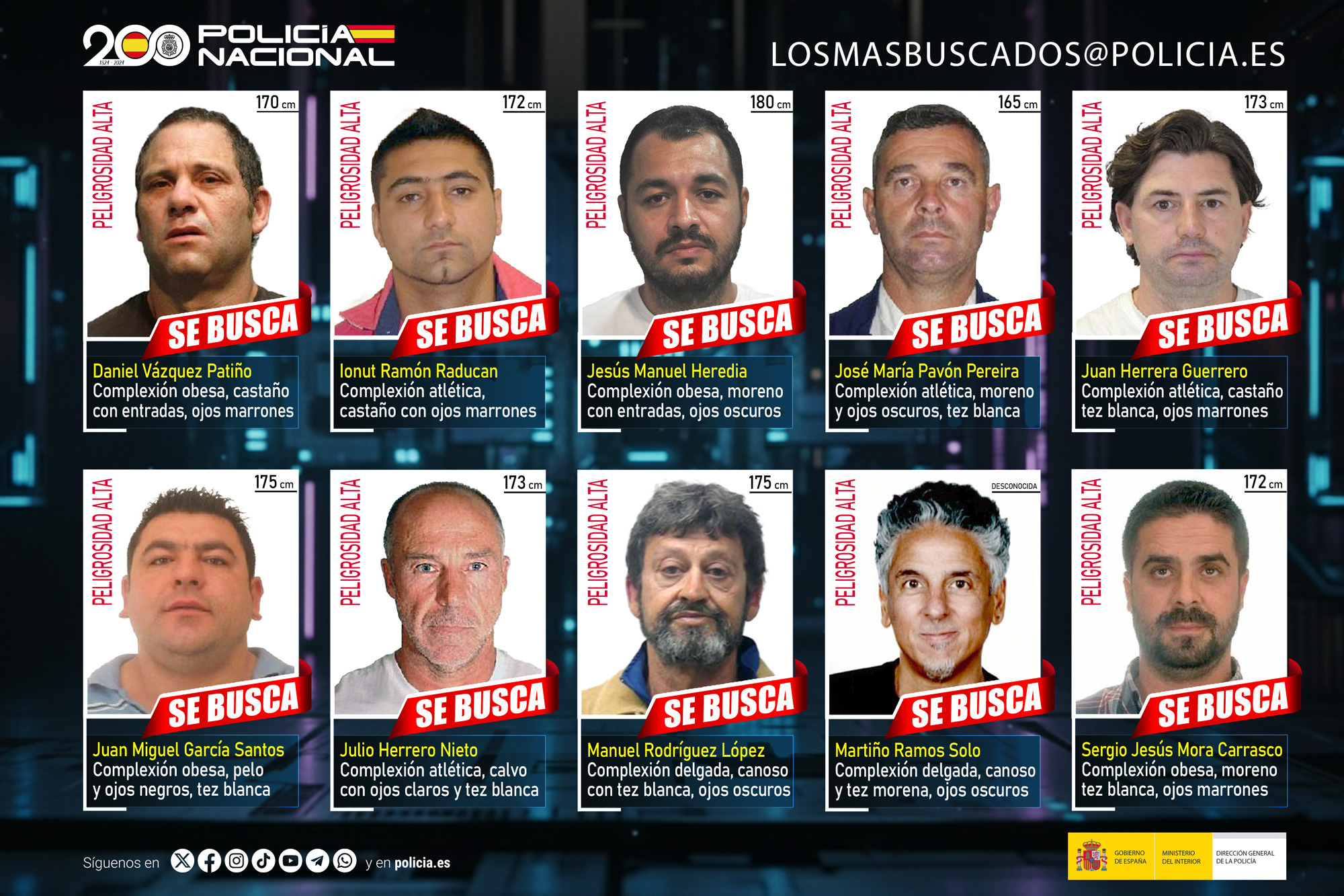 La Policía Nacional solicita de nuevo la colaboración ciudadana para detener a los diez fugitivos más buscados en España.
