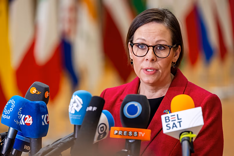 Sweden's Foreign Minister Maria Malmer Stenergard speaks with the media as she arrives for a EU general affairs meeting at the European Council building in Brussels.