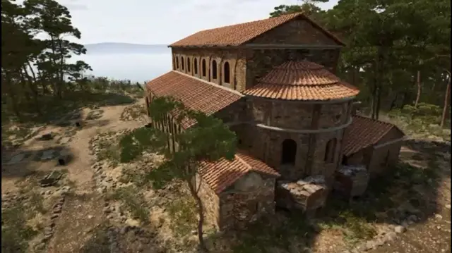 Un modelo tridimensional generado por computadora de una basílica junto al lago, rodeada de árboles. El edificio es de ladrillo y tiene tejas rojas estilo terracota en el techo.