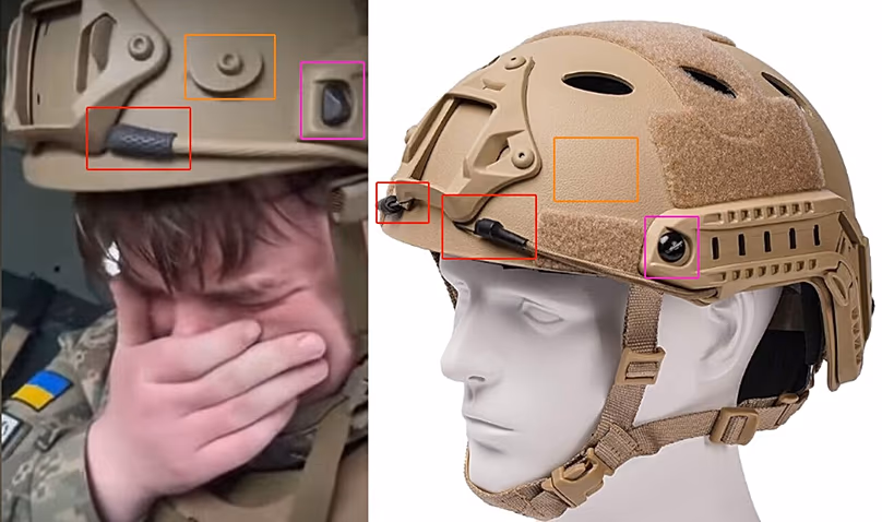 Features on helmet do not match standard military equipment. 