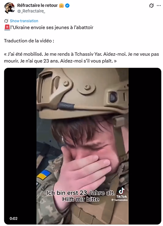 Captura en francés muestra leyenda 'Ucrania está enviando a sus jóvenes al matadero.'