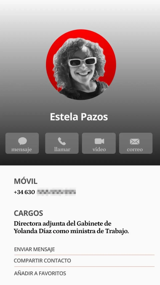 Tarjeta de contacto de Estela Pazos.