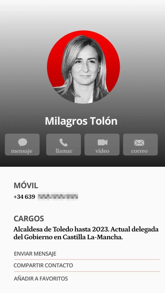 Tarjeta de contacto de Milagros Tolón.