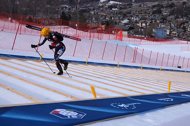 United States' Kelly Wolf competes during the women's mixed relay race at the Ski Mountaineering World Cup event in Bormio, Italy, Sunday, Feb. 23, 2025