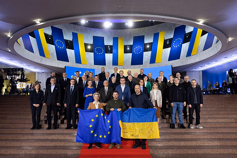 FILE: Ukrainian President Volodymyr Zelenskyy, European Commission President Ursula von der Leyen and other officials during the EU-Ukraine summit in Kyiv, 2 February 2023