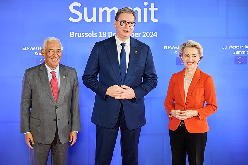 António Costa, President of the European Council, Aleksandar Vučić, President of Serbia, and Ursula von der Leyen (from left to right)