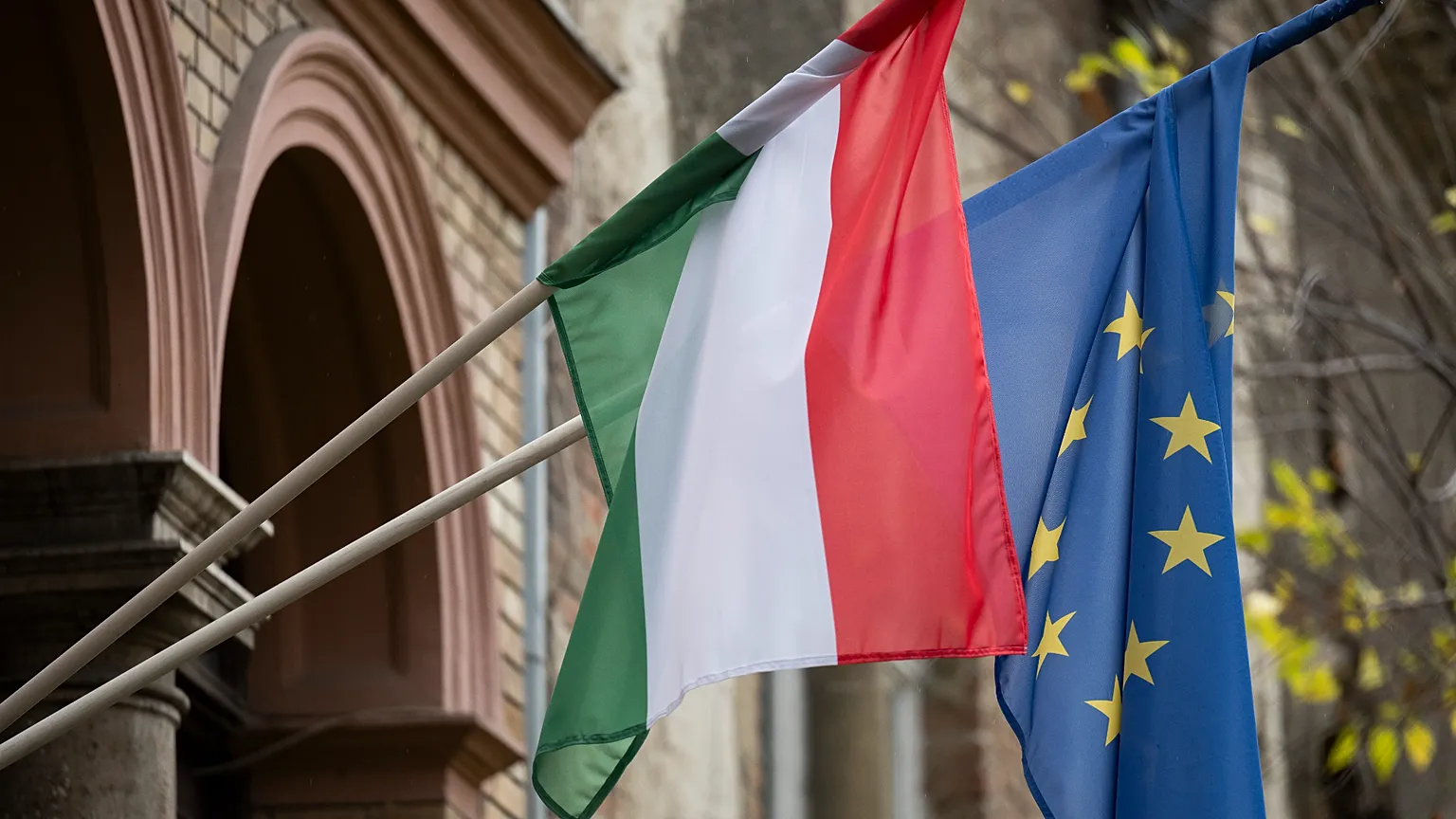 FILE: A Hungarian and a European Union flag is seen on a building in downtown Budapest, 20 November 2023