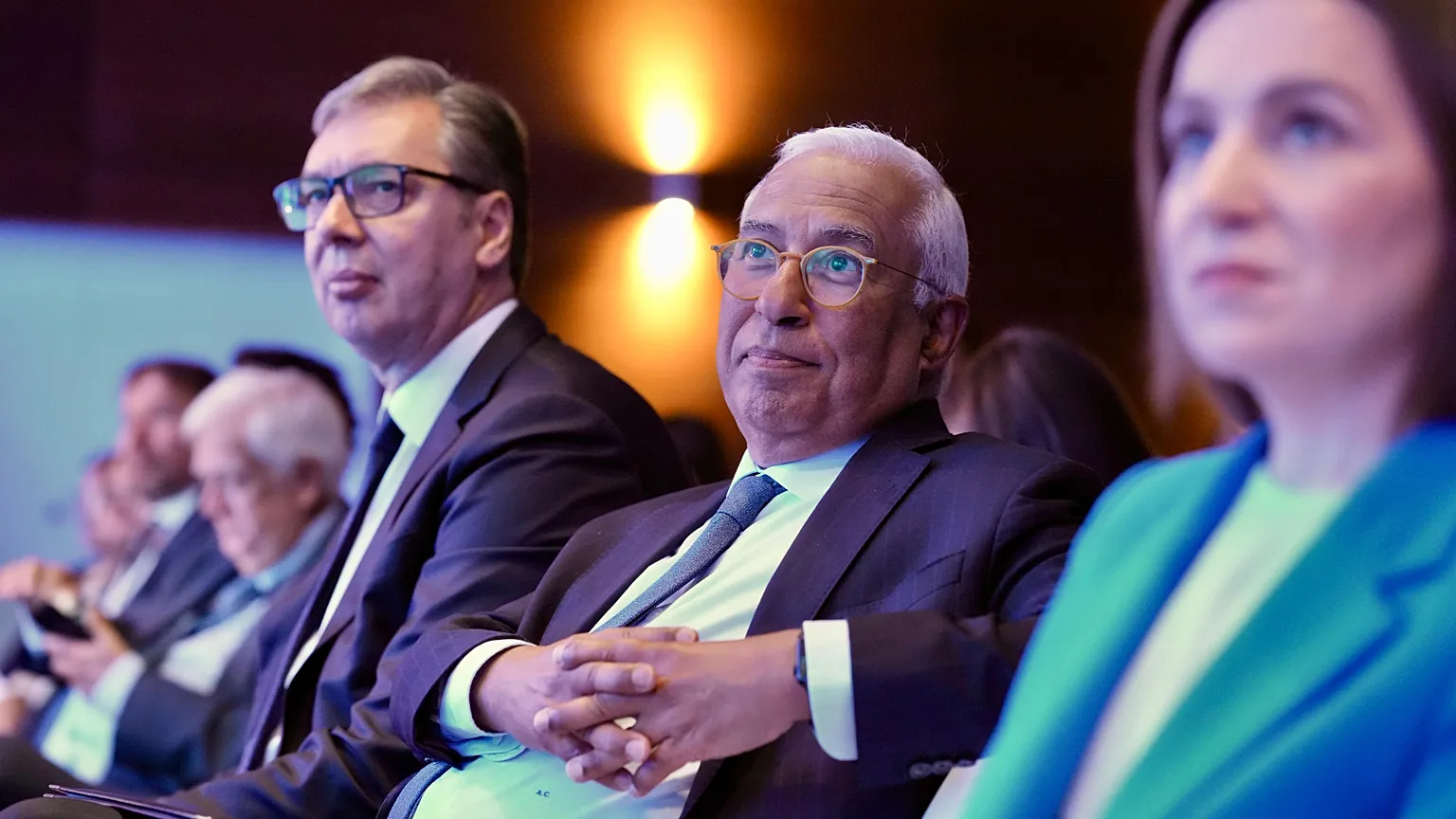 Serbia's President Aleksandar Vučić, European Council President Antonio Costa and Moldova's President Maia Sandu at the Euronews Enlargement Summit, Brussels, 4.11.2025