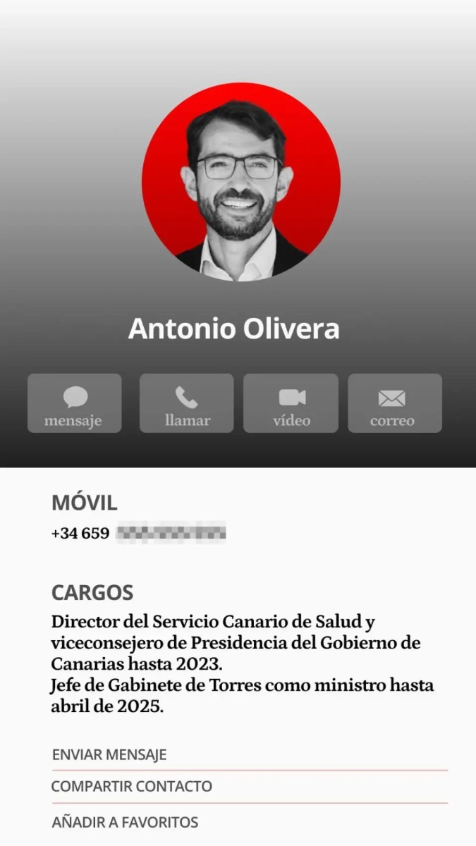 Tarjeta de contacto de Antonio Olivera.