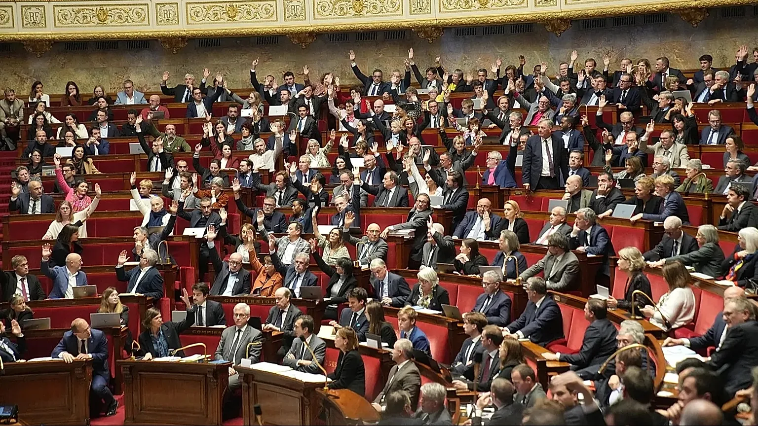 Parliament members vote for the postponement of the pension reform at the National Assembly in Paris, 12 November, 2025