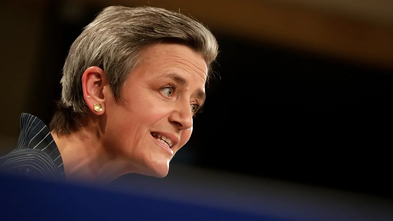 Former EU Commissioner Margrethe Vestager speaks to reporters