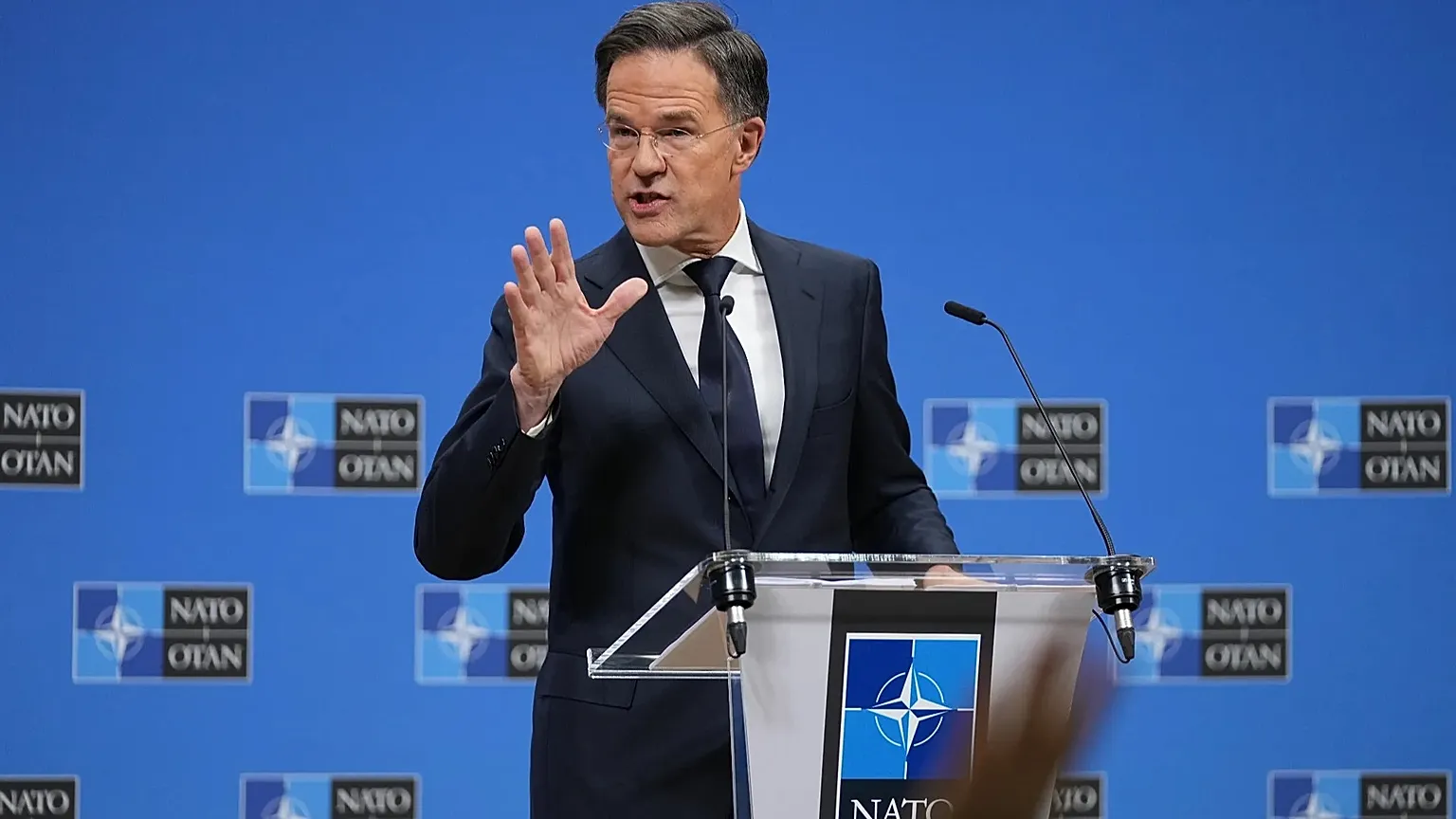 NATO Secretary General Mark Rutte speaks at NATO headquarters in Brussels.