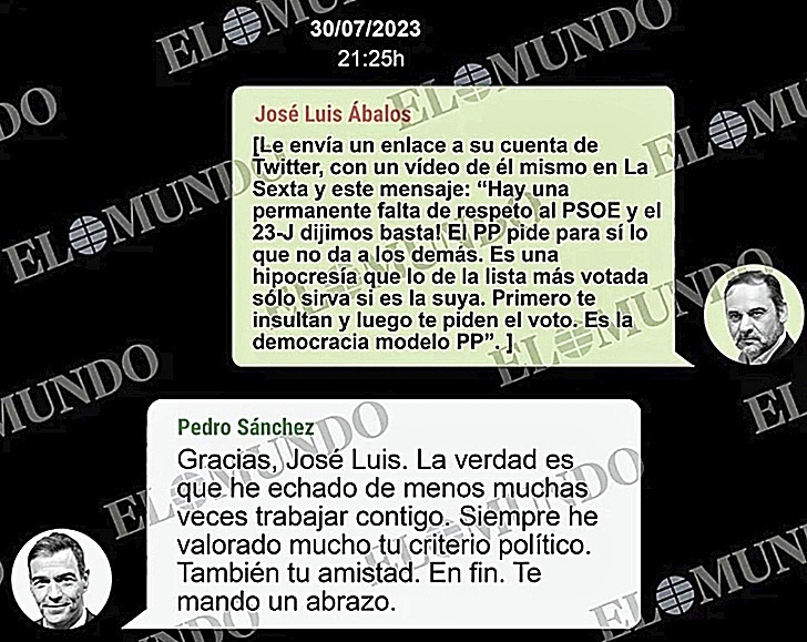 Mensajes intercambiados por Sánchez y Ábalos.