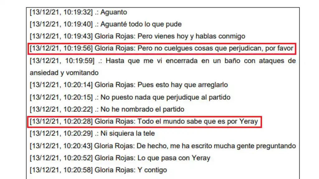 Informe informático que analiza las conversaciones entre Dunia y Gloria Rojas.