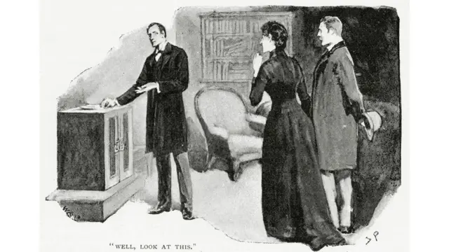 Una ilustración en blanco y negro que muestra a tres personas con atuendos del siglo XIX. Dos de ellas —una mujer con vestido largo y un hombre con traje que sostiene un sombrero— observan a otro hombre, también vestido con traje, que está de pie junto a una especie de gabinete de madera. En la parte inferior de la ilustración aparece la frase: “Well, look at this” (Bueno, observa esto).