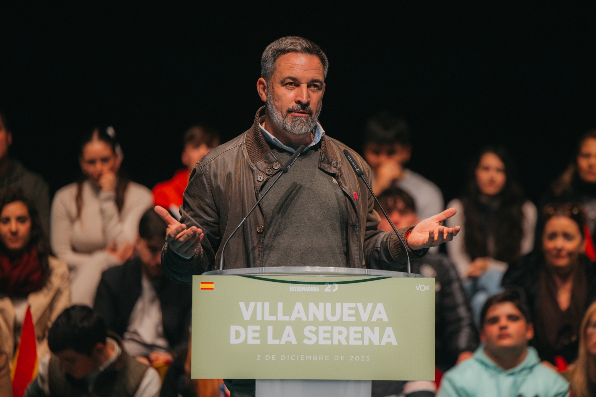 Santiago Abascal, el martes, en un acto de precampaña de Vox en Villanueva de la Serena (Badajoz).