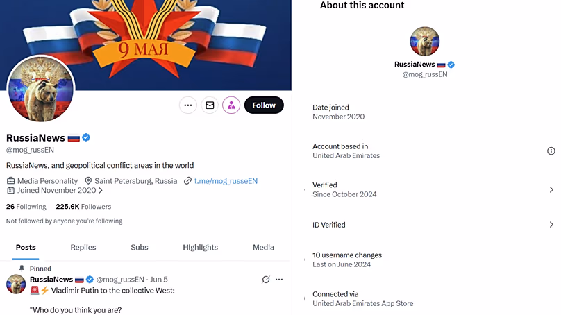 Account 'RussiaNews' says it is based in St.Petersburg, but X's tool claims it is based in the UAE. 