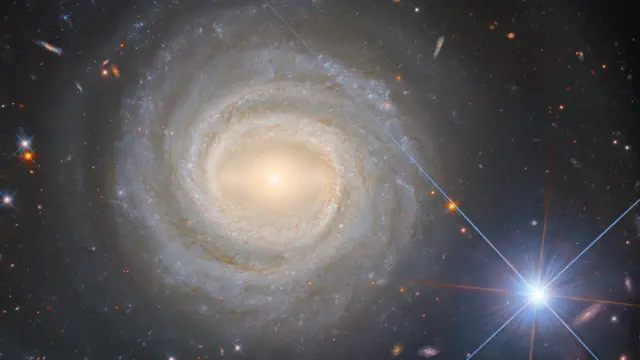Unos brazos espirales muy compactos se extienden desde un centro brillante. A su alrededor se pueden observar galaxias lejanas, junto con algunas estrellas brillantes sobre un fondo oscuro. Una estrella a la derecha de la galaxia es grande y brillante.