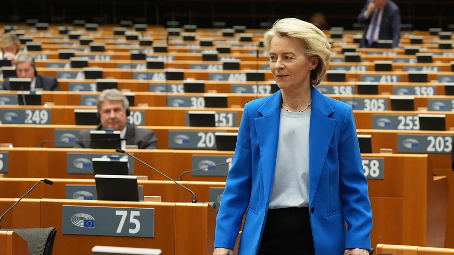 European Commission President Ursula von der Leyen, center, arrives for a plenary on the 2028-2034 Multiannual Financial Framework at the European Parliament in Brussels
