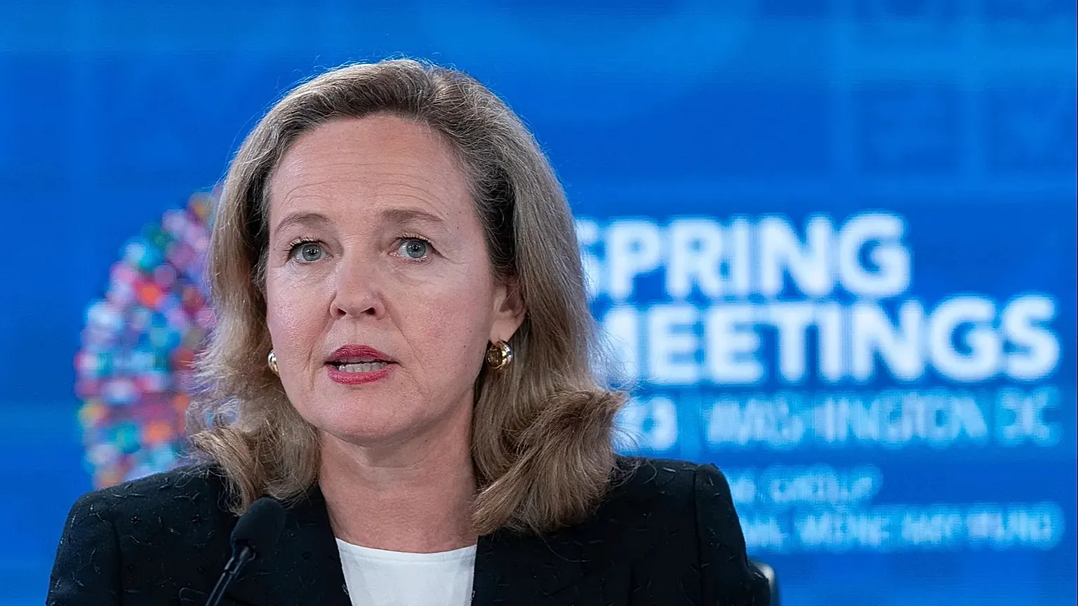 Former Spain's Economy Minister Nadia Calvino, now president of the EIB, speaks at a news conference, during the WB/IMF Spring Meetings in Washington, April 14, 2023