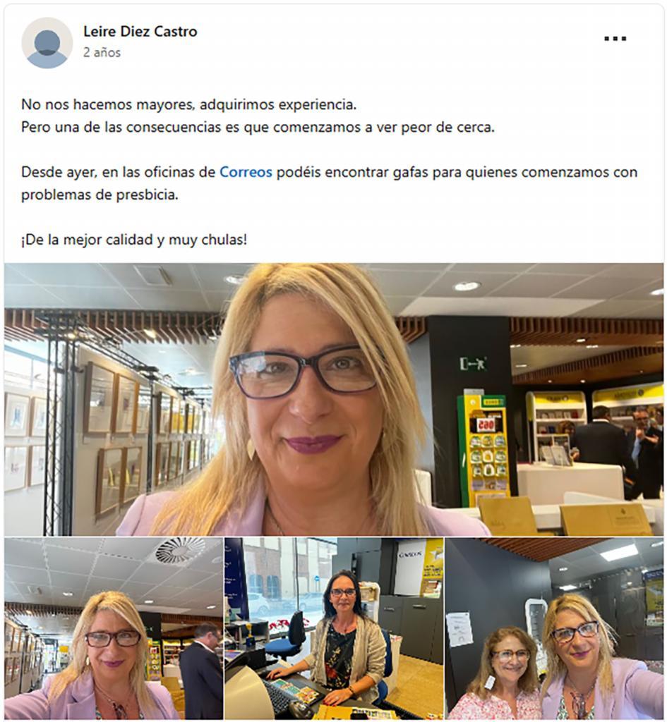 Publicación en Linkedin de la propia Leire Díez como directiva de Correos promoviendo las gafas de su amigo.