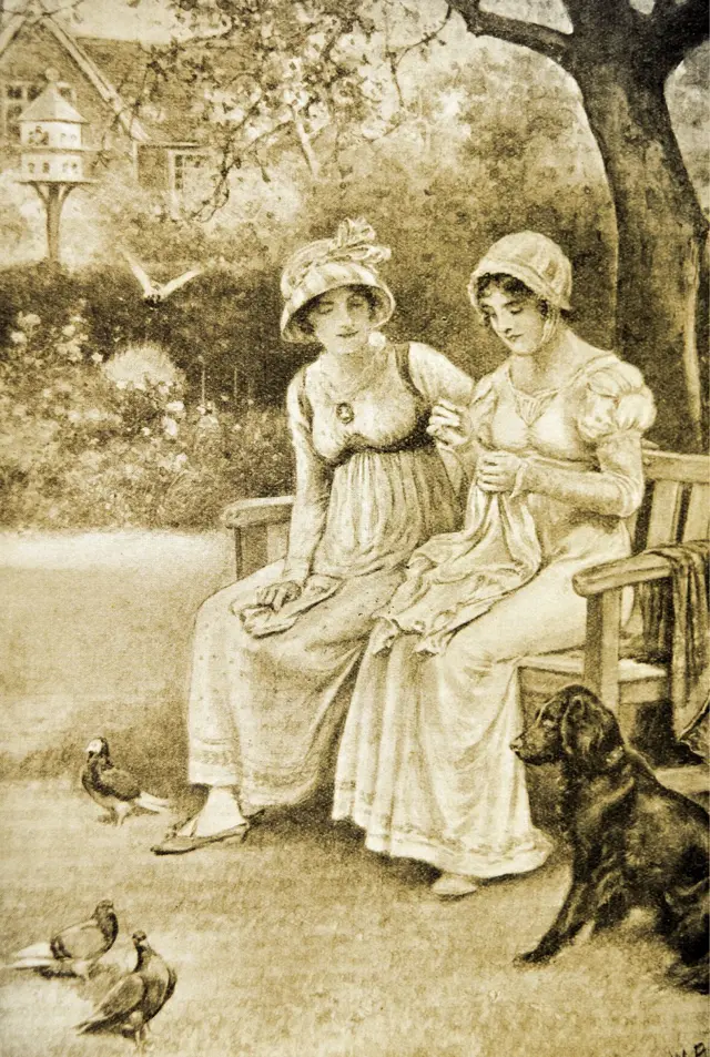 Jane y Cassandra bordando en un jardín
