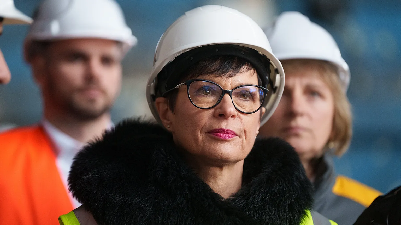 EU Commissioner for Enlargement Marta Kos looks at a production hall damaged after a recent Russian missile attack at DTEK's power plant in Ukraine, on Dec. 10, 2025
