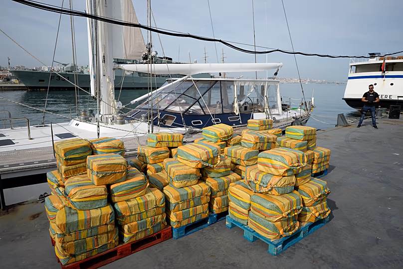 Bales of cocaine displayed for the media at a Portuguese Navy base in Almada, 18 October, 2021
