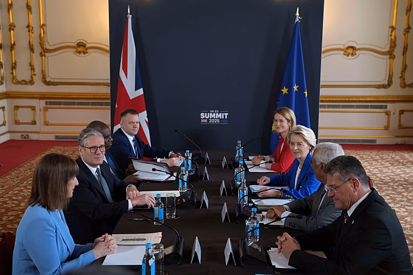 Prime Minister Keir Starmer speaks to European Commission President Ursula von der Leyen during a meeting between the UK and EU, 19 May 2025