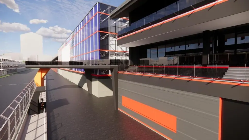 Render del Pit Building del futuro circuito de MADRING
